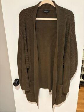 Express Olive Open-Front Knit Cardigan with Pockets